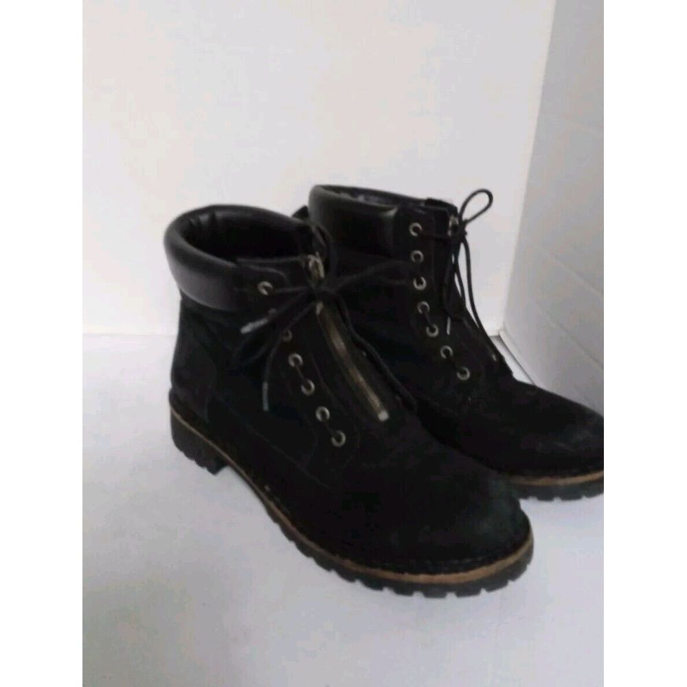 Black Suede Combat Boots Side Zip Lace-Up Design Rugged Sole Winter Ankle Boots